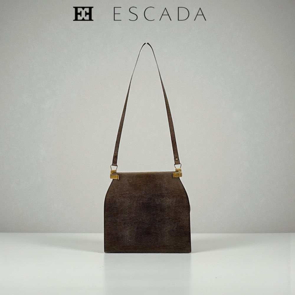 Vintage ESCADA Genuine Lizard Exotic Leather Shoulder Bag Brown Gold Hardware